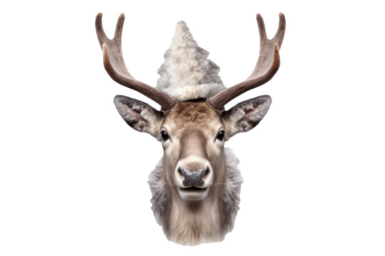 reindeer head with santa claus hat isolated on transparent background