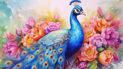 Watercolor Painting of Peacock on Flower.