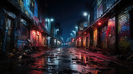 alley with neon light garbage and graffiti at night - obrazy, fototapety, plakaty