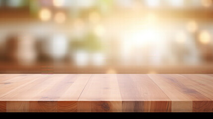Empty Beautiful wood table top and blur bokeh modern kitchen background