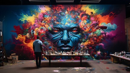 illustration of people draw amazing colorfull graffiti and mural at wall