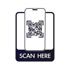 QR code scan here icon for mobile apps and payments. QR code scan for smartphone. Qr code Template scan here QR code for smart phone. Vector illustration.