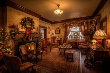 Christmas room decorated with a festive tree adorned with twinkling lights, ornaments, garlands, cozy armchairs, and a crackling fireplace, exuding warmth and cheer