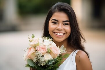 Hispanic bride with flowers happy smile. Latin face love female. Generate Ai