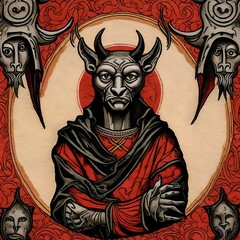 an illustration of a part human man and part devil in red and black