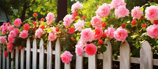 Rose flowers grow in a Sri Lankan garden with a fence
