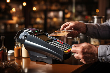 Contactless payment concept, customer holding credit card near nfc technology on counter, client make transaction pay bill - obrazy, fototapety, plakaty