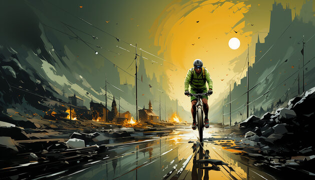 A man on a bicycle rides down a city street. The picture is in green colors.