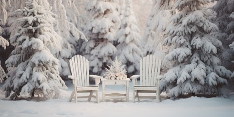 Winter landscape, snow covered trees and fir trees. Two white wooden chairs and a small table in the middle.