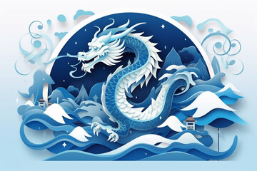 blue Chinese dragon in the sky with clouds and full moon. Vector illustration.