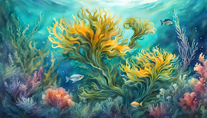 Fototapeta na wymiar Watercolor illustration of seaweed and underwater fantastic fish, beautiful jellyfish, seashells in the depths of the ocean, poster booklet, t-shirt print, creative illustration for design