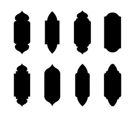 Islamic windows in oriental style. Set of black arabic arches and doors. Silhouette of mosque. Minimalistic vector illustration.