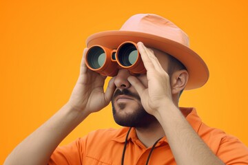 Man in hat carefully look binoculars. Search zoom watch online job. Generate Ai