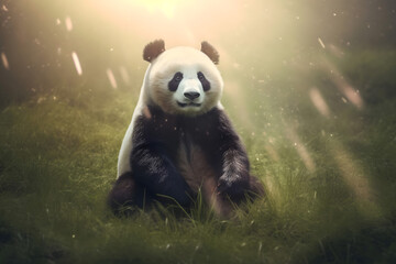 Obraz premium sun rays streaming through dark clouds over a panda meditating on a grass field, panda in the forest