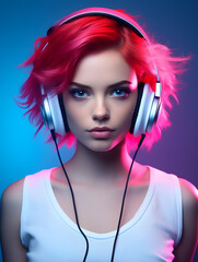 Studio headshot portrait of a young woman with red hair wearing white tank top and headphones, looking neutrally into the camera.