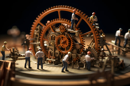 Miniature workers intricately operate giant clockwork wheels in a mesmerizing display of coordination.