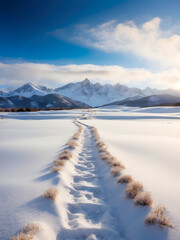 Fototapeta na wymiar Footprints leading through fresh snow toward a mountain range in the distance. Generative AI