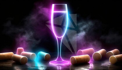 neon champagne glass - obrazy, fototapety, plakaty