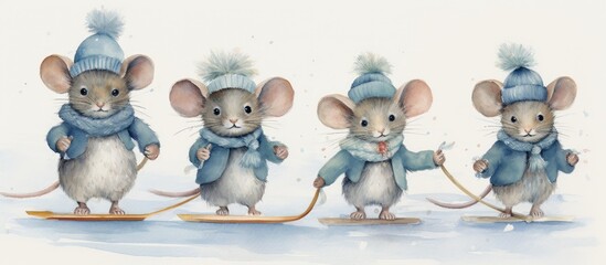 2020 mice in hats skate with gray watercolor symbol in winter