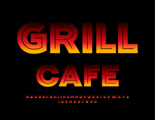 Vector advertising poster Grill Cafe. Flame Font. Fire Alphabet Letters and Numbers.
