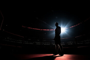 MMA fighter preparing for championship. Boxer on boxer ring cinematic dark background - obrazy, fototapety, plakaty