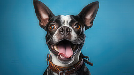 happy active dog laughing. isolated on a blue background