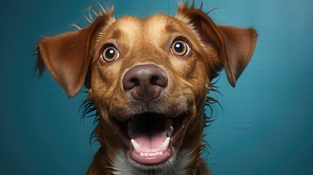 happy active dog laughing. isolated on a blue background