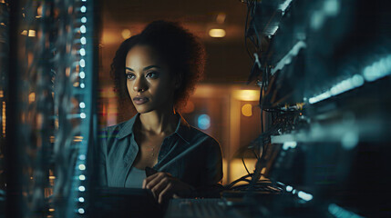 Laptop, network and data center with a black woman it support engineer working in a dark server room. Computer, cybersecurity and analytics with a female programmer problem solving or troubleshooting - obrazy, fototapety, plakaty