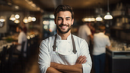 Fototapeta premium male chef crossing arms welcome customers