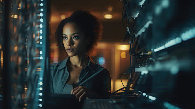 Laptop, Network And Data Center With A Black Woman It Support Engineer Working In A Dark Server Room. Computer, Cybersecurity And Analytics With A Female Programmer Problem Solving Or Troubleshooting