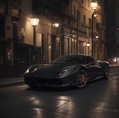 Fototapeta premium Luxury Sports Car Night Drive Through City Street