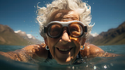Fototapeta premium portrait of an older woman swimming in a lake wearing bikini and goggles