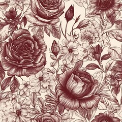 seamless floral pattern with red rose drawing
