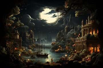 Fantasy landscape with fairy tale castle and moon. 3D rendering