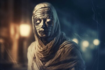 Fototapeta na wymiar Mummy night street portrait digital art. Face zombie spooky eyes. Generate Ai