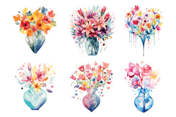water color heart shape flower vase, set of flowers,set of colorful flowers,set of colorful splashes