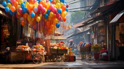 Fototapeta premium A balloon vendor's colorful assortment against the backdrop of a bustling market square.