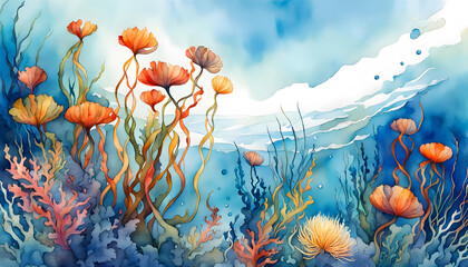 Watercolor illustration of seaweed and underwater fantastic fish, beautiful jellyfish, seashells in the depths of the ocean.
