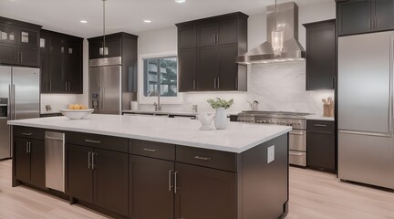 Kitchen in new luxury home with quartz waterfall island, hardwood floors, dark wood cabinets, and stainless steel appliances.