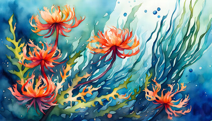 Fototapeta na wymiar Watercolor illustration of seaweed and underwater fantastic fish, beautiful jellyfish, seashells in the depths of the ocean.