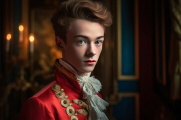Fototapeta premium Versailles 18 years old son photo portrait. Classic french colorful costume. Generate Ai