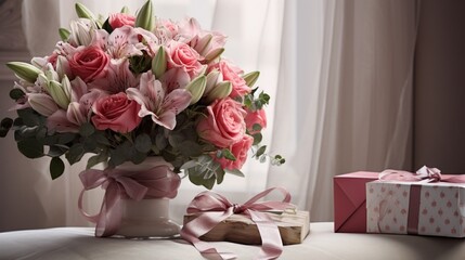 A bouquet of fresh flowers accompanied by a small gift, a classic gesture of appreciation.