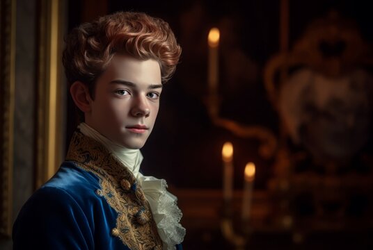 Versailles 18 years old son portrait in castle room. Europe paris travel historic. Generate Ai