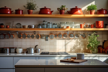 Fototapeta na wymiar Sleek and Stylish Modern Kitchen Interior with Kitchenware