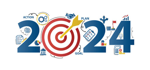 2024 new year goal plan action with target icons, Business plan, financial plan and strategies. Annual plan and development for achieving goal, achievement and success in 2024. Vector illustrator set. - obrazy, fototapety, plakaty