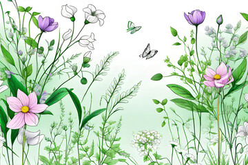 Butterflies fly across a summer flower landscape in full bloom. Generative AI.