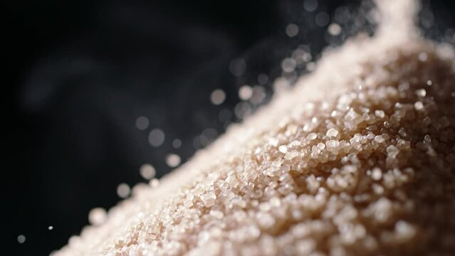 Brown cane sugar is poured into pile, half pile. Close up slow motion. Moderating sugar intake is vital for overall health, as it can decrease risk of obesity, diabetes, and other diseases. Nutrition 