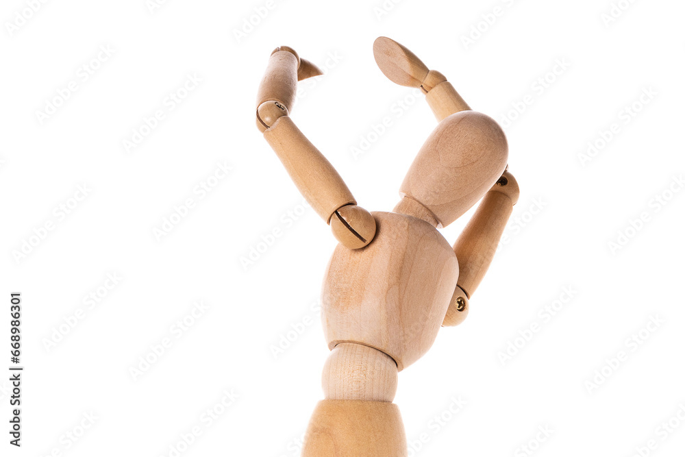 Poster a wooden mannequin holding his hands up in the air. this versatile image can be used to convey conce