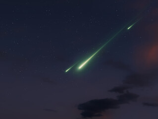 The meteorite broke into pieces in the sky. Meteor burns up in the atmosphere. © Nazarii