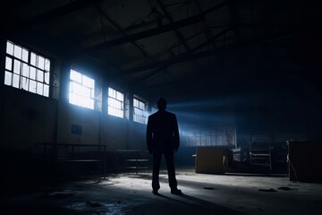 Silhouette fbi agent warehouse. Crime scene tape in abandoned warehouse. Generate Ai - obrazy, fototapety, plakaty